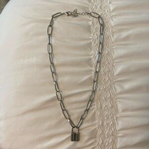 Silver paper clip chain lock necklace